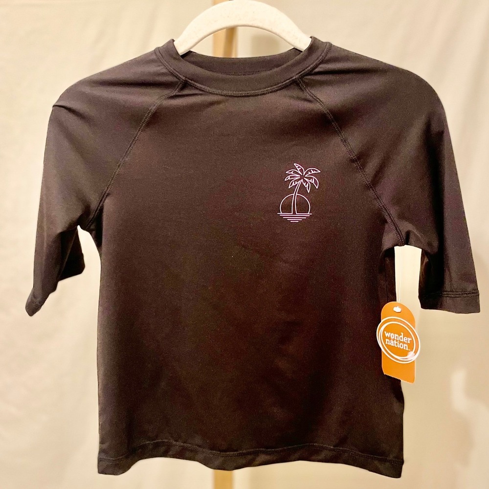 Wonder Nation Kids Black Rash Guard Swim Shirt Palm Tree Graphic Size L 10 NWT